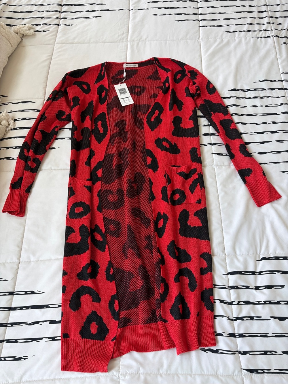 Women's Red and Black Leopard Print Long Cardigan Sweater